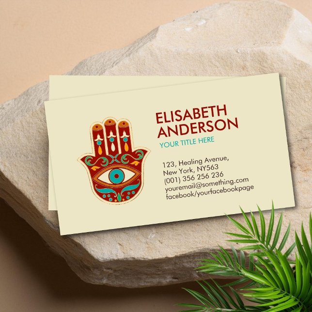 Hamsa Hand Ornament - red, orange and sea green Business Card (Creator Uploaded)