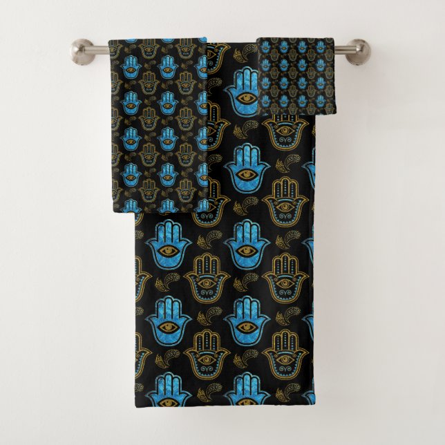 Hamsa Hand pattern - Gold and Blue glass Bath Towel Set (Insitu)