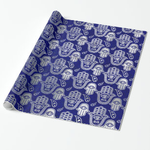Hamsa Hand pattern - pearl and silver on lapis laz Wrapping Paper