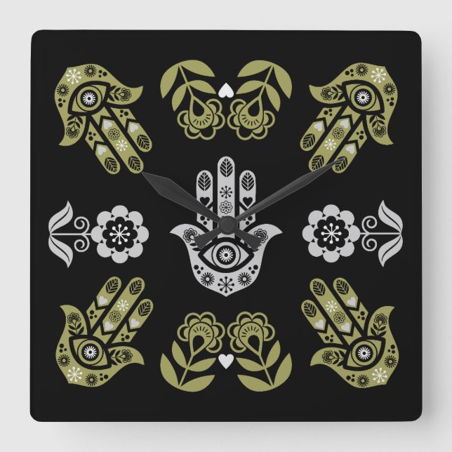 Hamsa Hand Protection Art Square Wall Clock (Front)