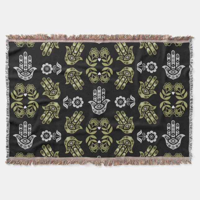 Hamsa Hand Protection Art Throw Blanket (Front)