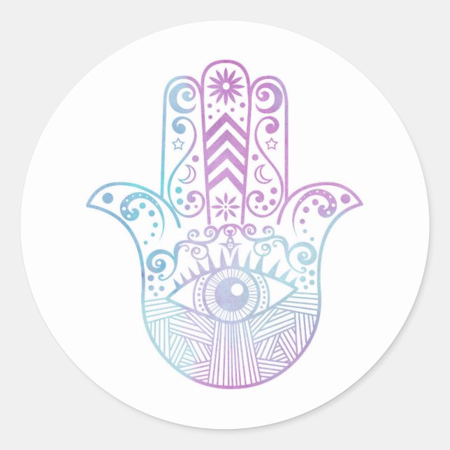 Hamsa Hand Purple and Blue Watercolor Classic Round Sticker (Front)