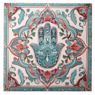 Hamsa Hand Symbol - Aqua Turquoise Hand of Fatima Tile