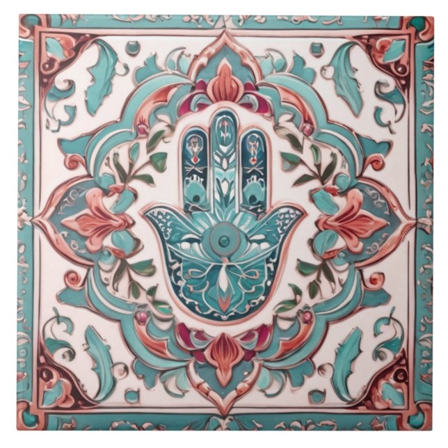 Hamsa Hand Symbol - Aqua Turquoise Hand of Fatima Tile (Front)