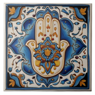 Hamsa Hand Symbol - Blue and Gold Hand of Fatima Tile