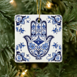 Hamsa Hand Symbol - Blue and White Hand of Fatima Ceramic Ornament