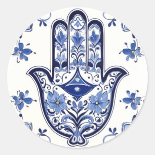 Hamsa Hand Symbol - Blue and White Hand of Fatima Classic Round Sticker