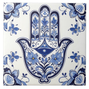 Hamsa Hand Symbol - Blue and White Hand of Fatima Tile