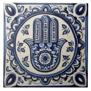 Hamsa Hand Symbol - Blue and White Hand of Fatima Tile