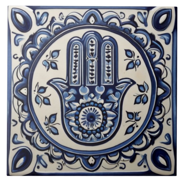 Hamsa Hand Symbol - Blue and White Hand of Fatima Tile (Front)