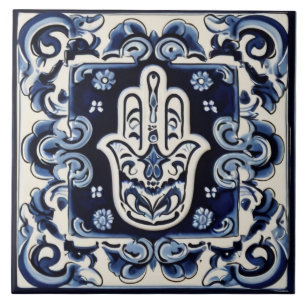 Hamsa Hand Symbol - Blue and White Hand of Fatima Tile