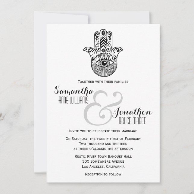 Hamsa Hand Wedding Black and White Invitation (Front)