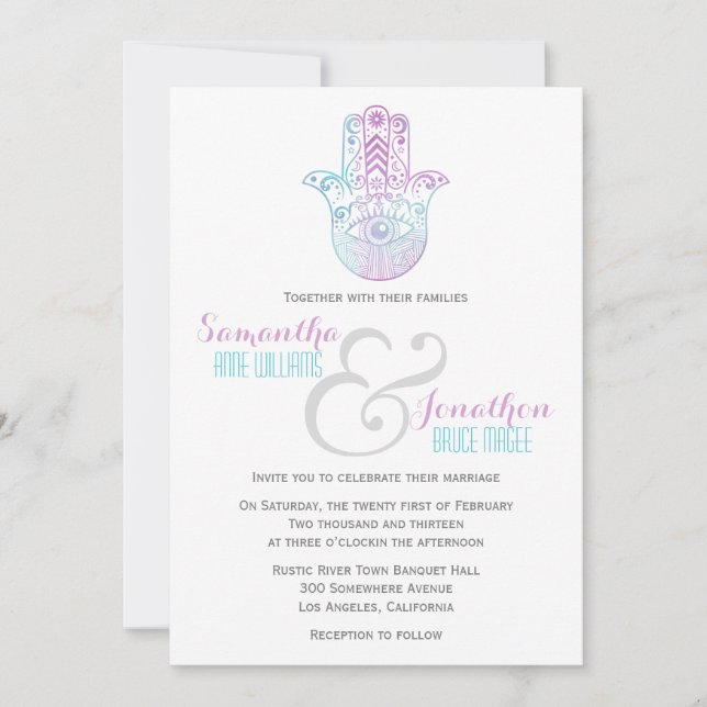 Hamsa Hand Wedding Purple and Blue Invitation (Front)