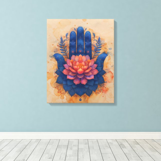 Hamsa Hand with Lotus Flower Canvas Print (Insitu(Wood Floor))