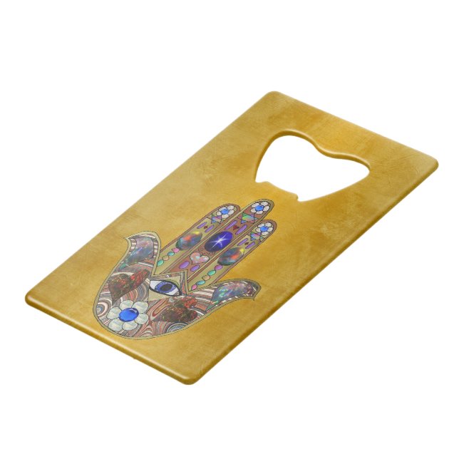 Hamsa Hearts Flowers Opal Art on Gold (Front Angled)