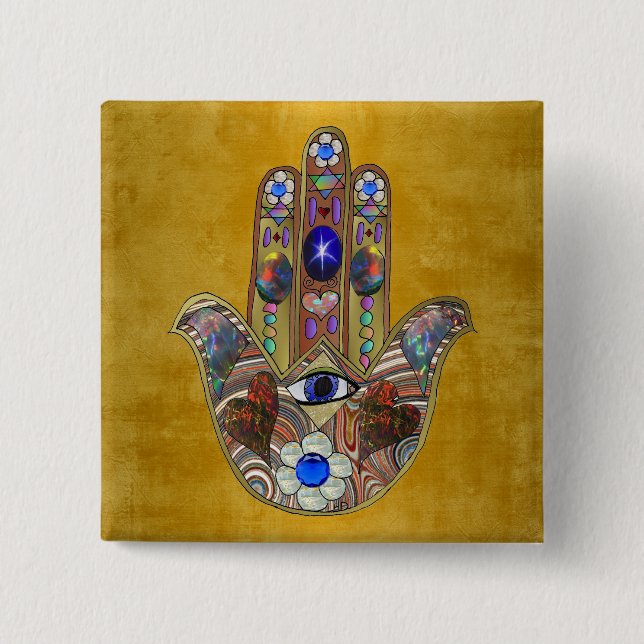 Hamsa Hearts Flowers Opal Art on Gold 15 Cm Square Badge (Front)