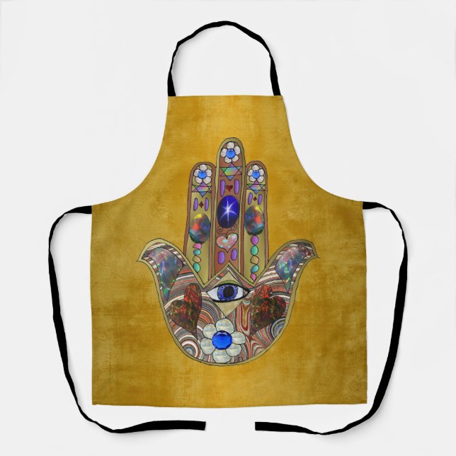 Hamsa Hearts Flowers Opal Art on Gold Apron (Front)