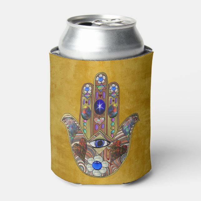 Hamsa Hearts Flowers Opal Art on Gold Can Cooler (Can Front)