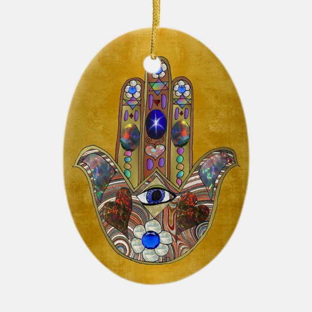 Hamsa Hearts Flowers Opal Art on Gold Ceramic Tree Decoration (Front)