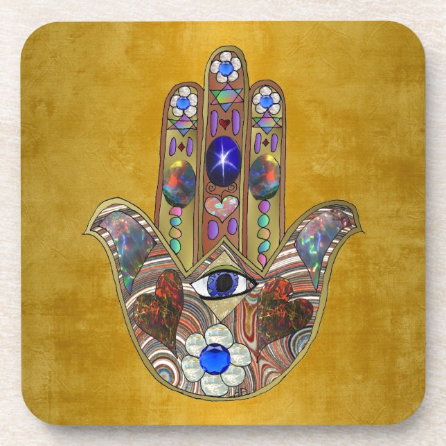 Hamsa Hearts Flowers Opal Art on Gold Coaster (Front)