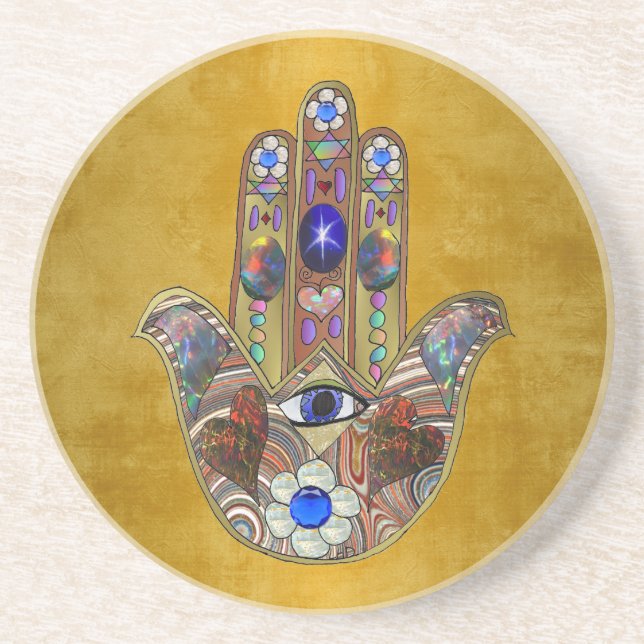 Hamsa Hearts Flowers Opal Art on Gold Coaster (Front)