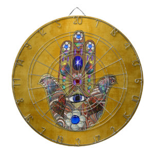 Hamsa Hearts Flowers Opal Art on Gold Dartboard