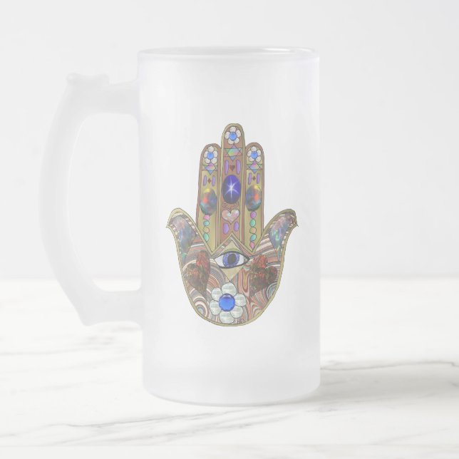 Hamsa Hearts Flowers Opal Art on Gold Frosted Glass Beer Mug (Left)