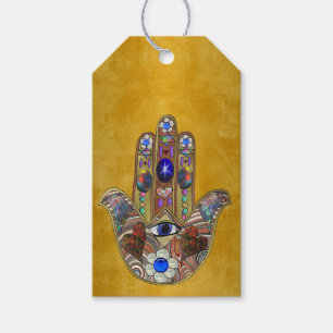 Hamsa Hearts Flowers Opal Art on Gold Gift Tags