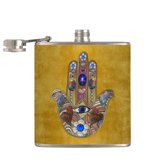 Hamsa Hearts Flowers Opal Art on Gold Hip Flask (Opened)