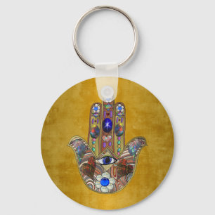 Hamsa Hearts Flowers Opal Art on Gold Key Ring