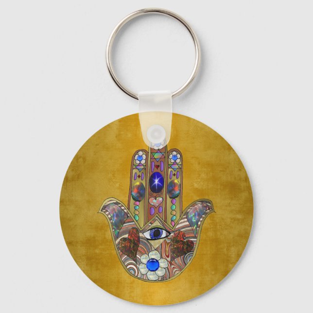 Hamsa Hearts Flowers Opal Art on Gold Key Ring (Front)