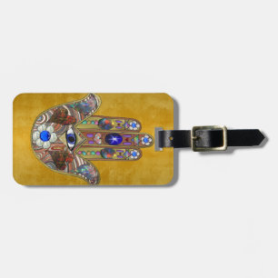 Hamsa Hearts Flowers Opal Art on Gold Luggage Tag