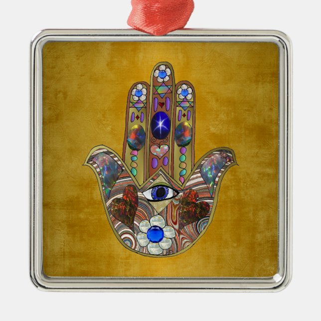 Hamsa Hearts Flowers Opal Art on Gold Metal Tree Decoration (Front)