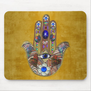 Hamsa Hearts Flowers Opal Art on Gold Mouse Mat