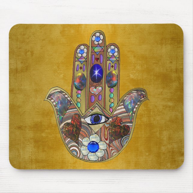 Hamsa Hearts Flowers Opal Art on Gold Mouse Mat (Front)