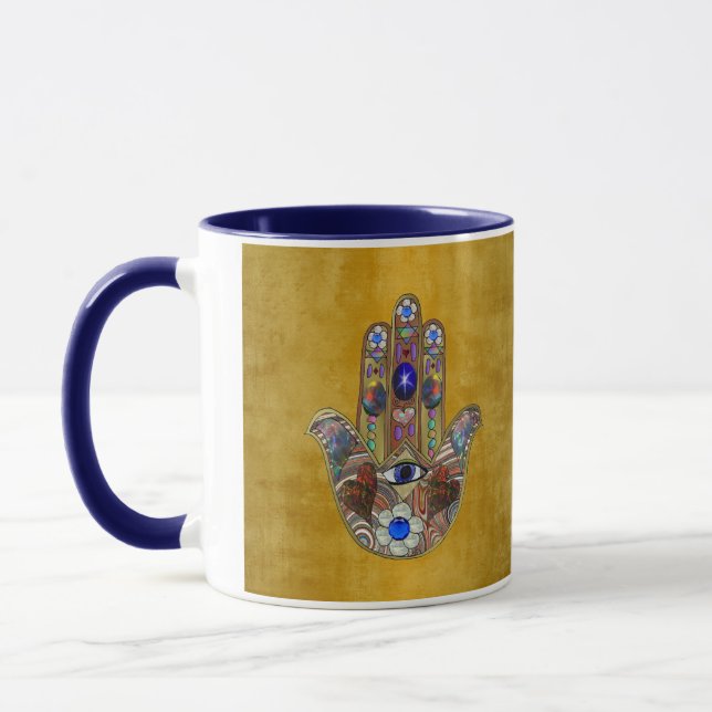 Hamsa Hearts Flowers Opal Art on Gold Mug (Left)