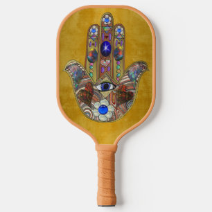 Hamsa Hearts Flowers Opal Art on Gold Pickleball Paddle