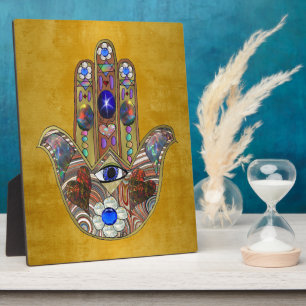 Hamsa Hearts Flowers Opal Art on Gold Plaque