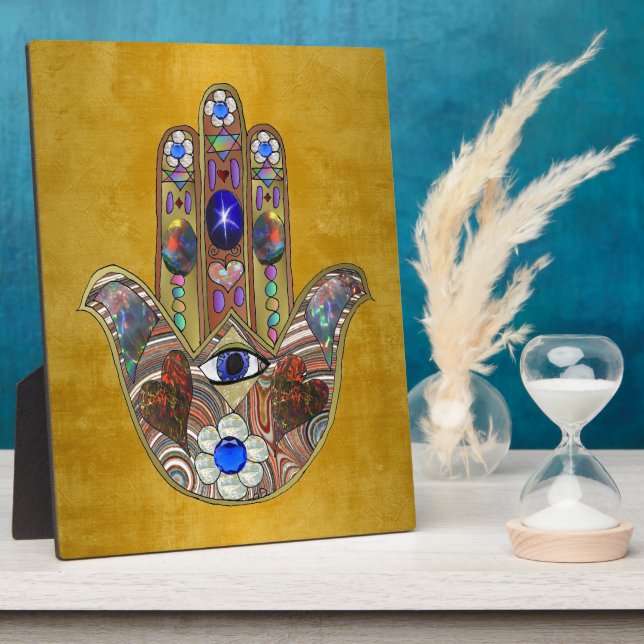 Hamsa Hearts Flowers Opal Art on Gold Plaque (Side)