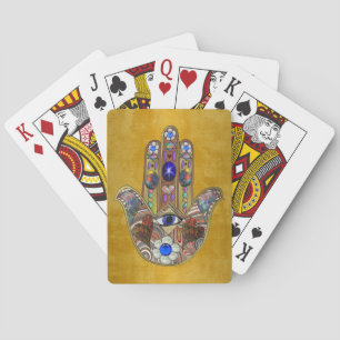 Hamsa Hearts Flowers Opal Art on Gold Playing Cards