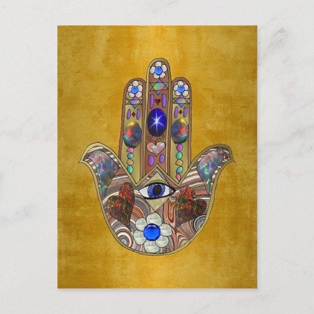Hamsa Hearts Flowers Opal Art on Gold Postcard (Front)