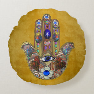 Hamsa Hearts Flowers Opal Art on Gold Round Cushion