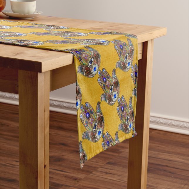 Hamsa Hearts Flowers Opal Art on Gold Short Table Runner (In Situ)