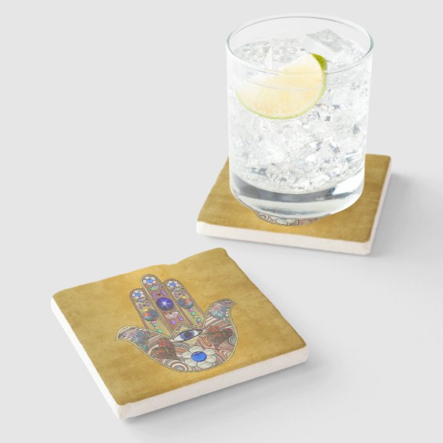Hamsa Hearts Flowers Opal Art on Gold Stone Coaster (Side)