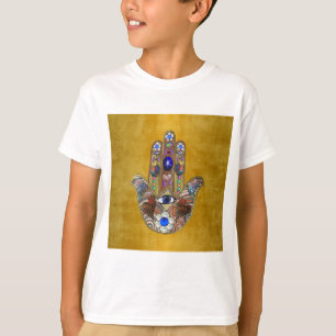 Hamsa Hearts Flowers Opal Art on Gold T-Shirt