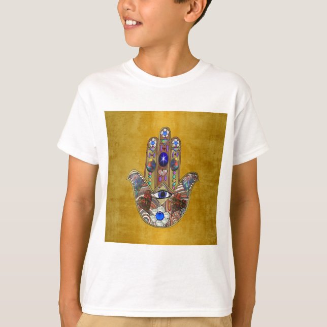 Hamsa Hearts Flowers Opal Art on Gold T-Shirt (Front)