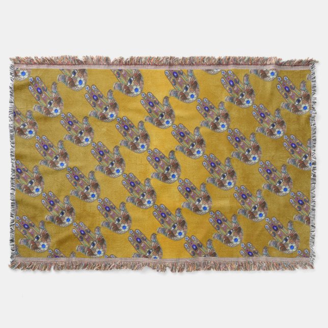 Hamsa Hearts Flowers Opal Art on Gold Throw Blanket (Front)
