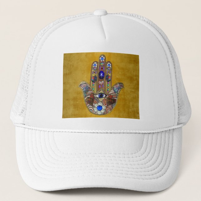 Hamsa Hearts Flowers Opal Art on Gold Trucker Hat (Front)
