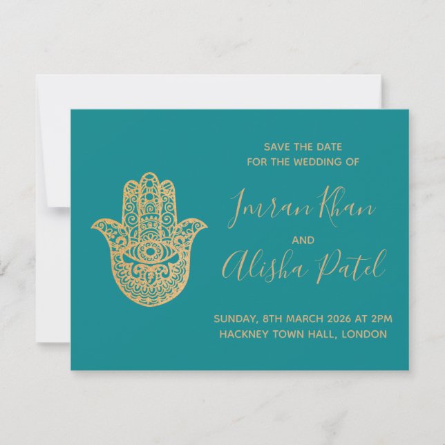 hamsa Henna Gold Teal Blue Desi Wedding Invitation (Front)