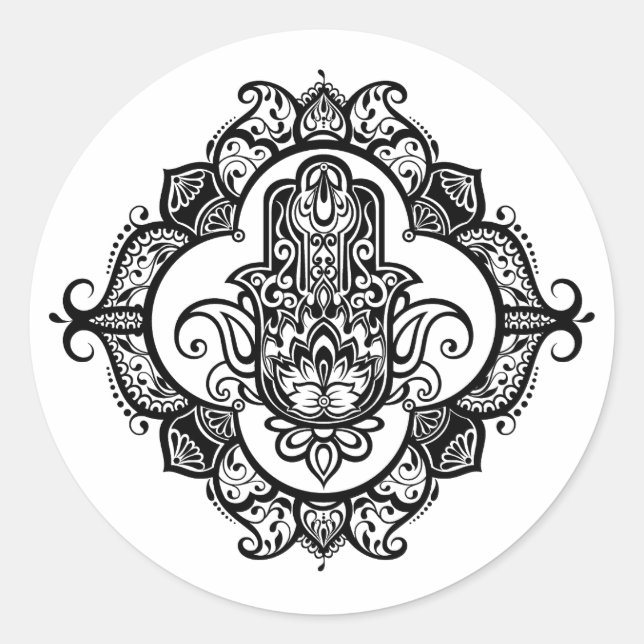 Hamsa With Ethnic Ornaments Doodle Classic Round Sticker (Front)